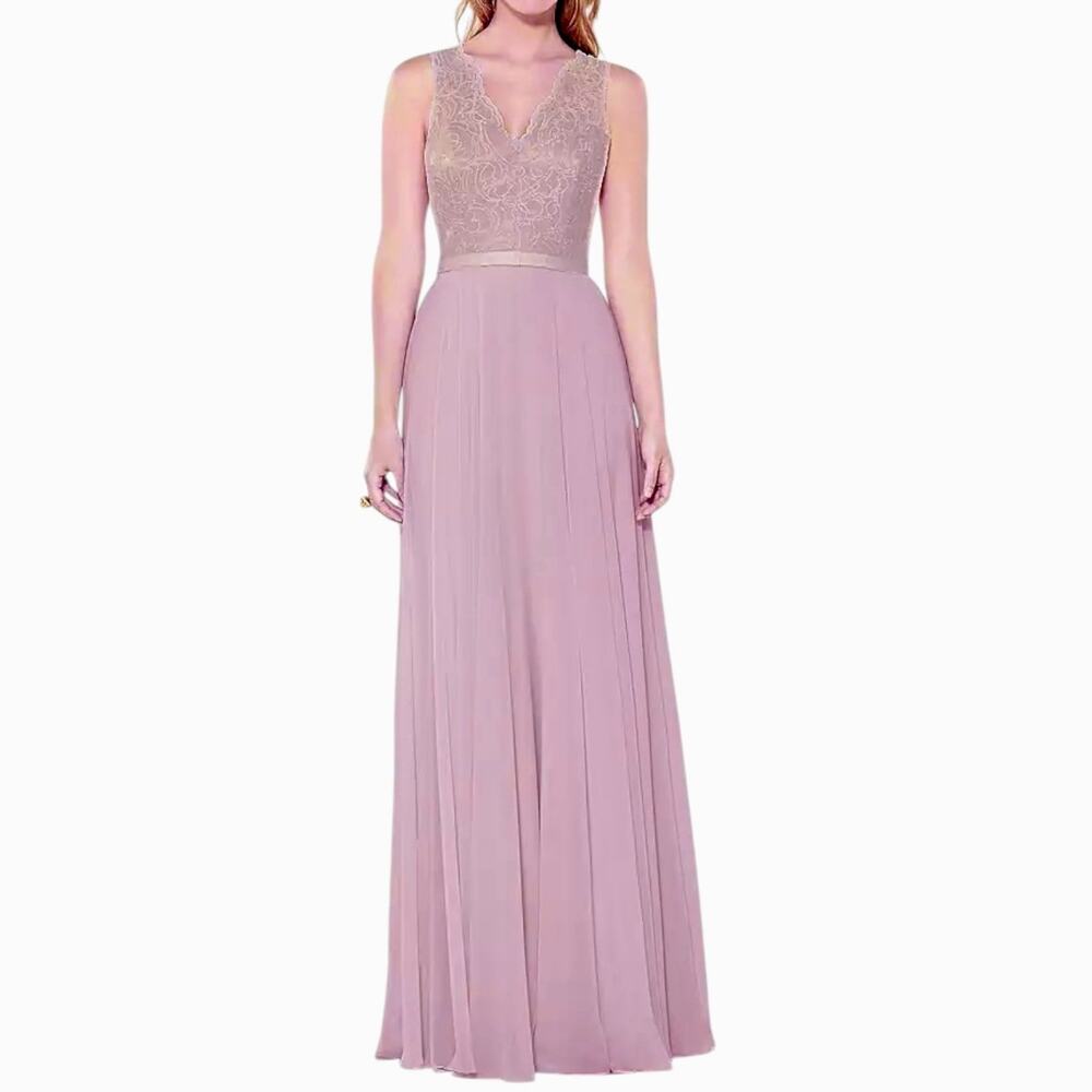 Dessy Collection Suede Rose Pink Lace V-Neck Floor Length Bridesmaid Dress Sz 8
